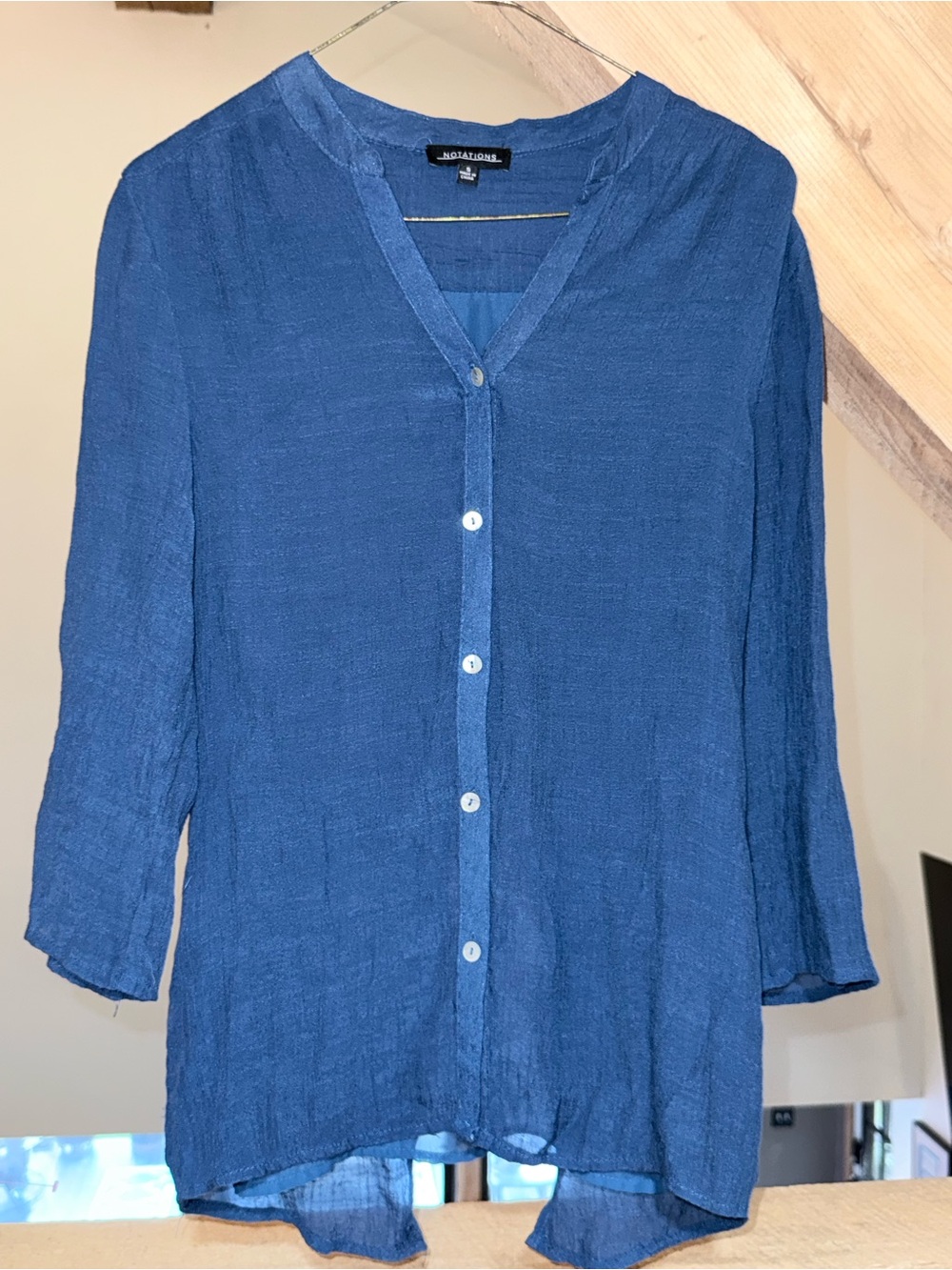 Notations Navy Blue Lightweight Button-Front V-Neck Blouse